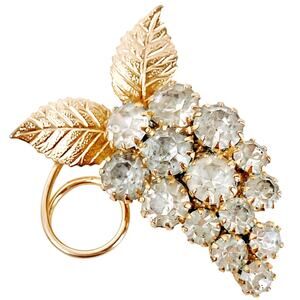 Vintage Mid Century Grape Cluster Brooch Prong Set Clear Rhinestone Grapes Pin